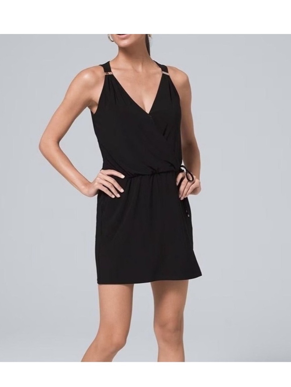 WHBM Black Sleeveless Wrap Romper with Gold Accent